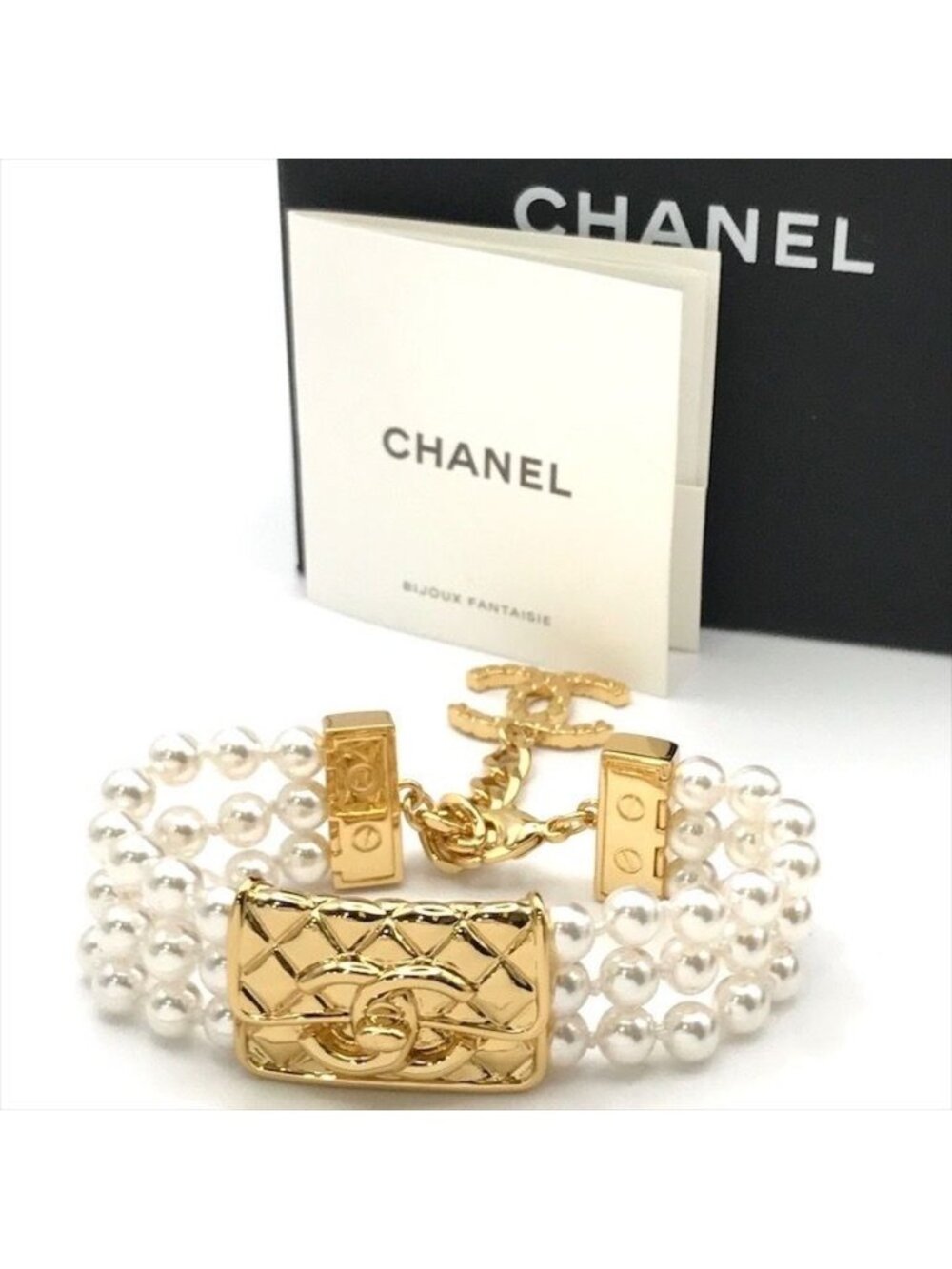 Chanel Bag Motif 3 Rows Pearl Gold Bracelet